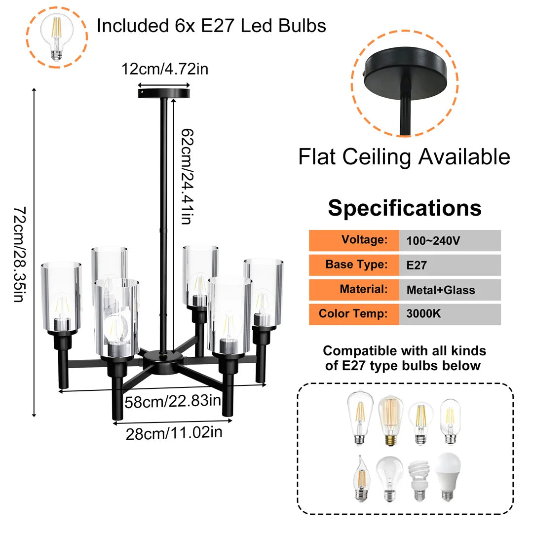 Ljustra 8-Light Industrial Ceiling Lamp Chandelier for Kitchen Dining Room