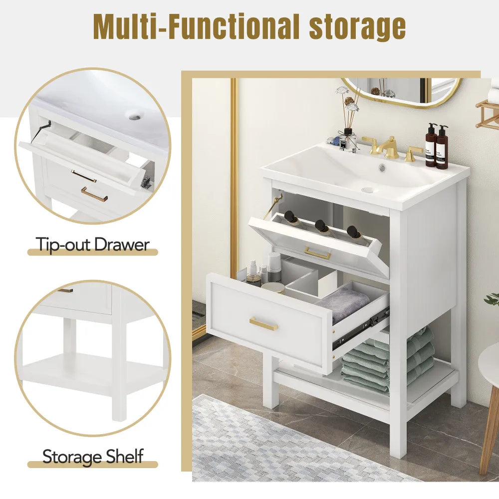 24 Inch Bathroom Vanity Modern Storage Cabinet with Sink and Drawers