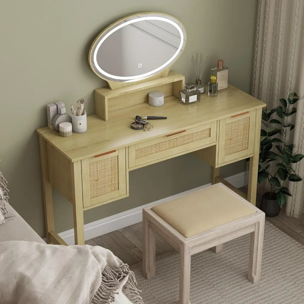 Rattan Vanity Desk with Mirror and Lights 47 Inch Boho Makeup Table