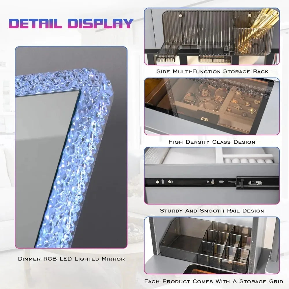 Makeup Vanity Table with Wireless Charging USB Ports 5 Drawers LED Mirror