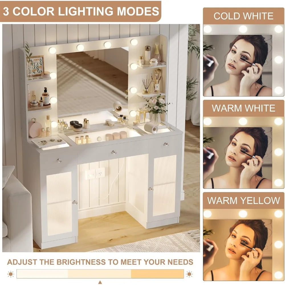 Makeup Vanity Desk with Mirror LED Lights Storage Drawers Cabinets