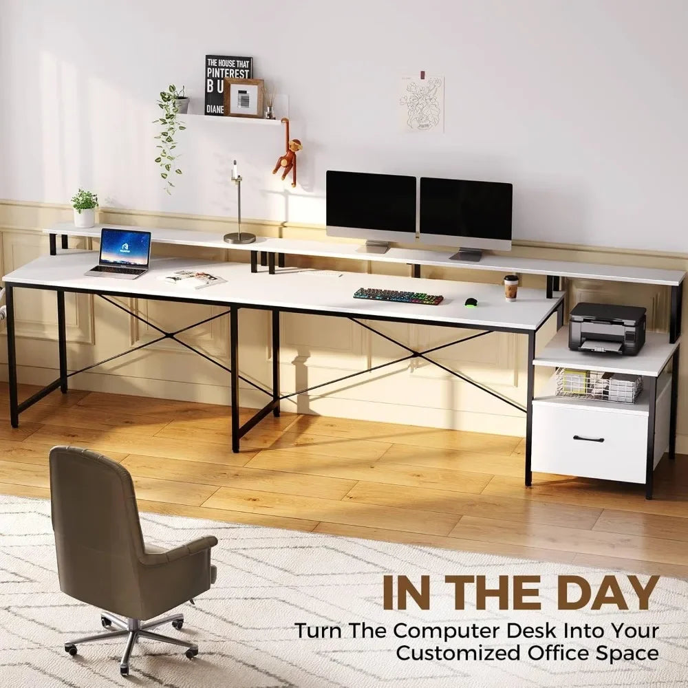 L Shaped Computer Desk with File Drawer Power Outlet LED Strip 64 Inch