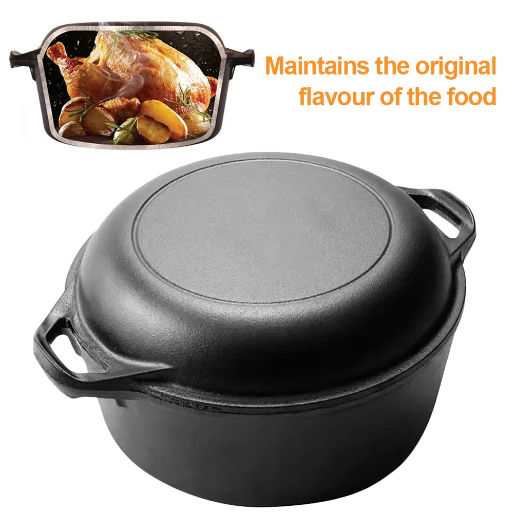 2 in 1 Cast Iron Dutch Oven Skillet Pot Set for Baking Camping BBQ