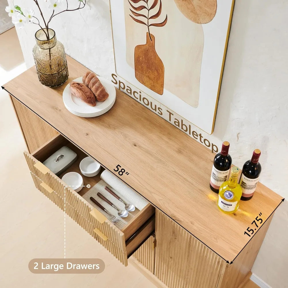 58 Inch Fluted Sideboard Cabinet Buffet Storage Rustic Wood Design