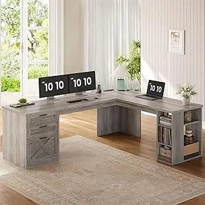 Farmhouse L Shaped Desk with 3 Drawers and Charging Station for Home Office
