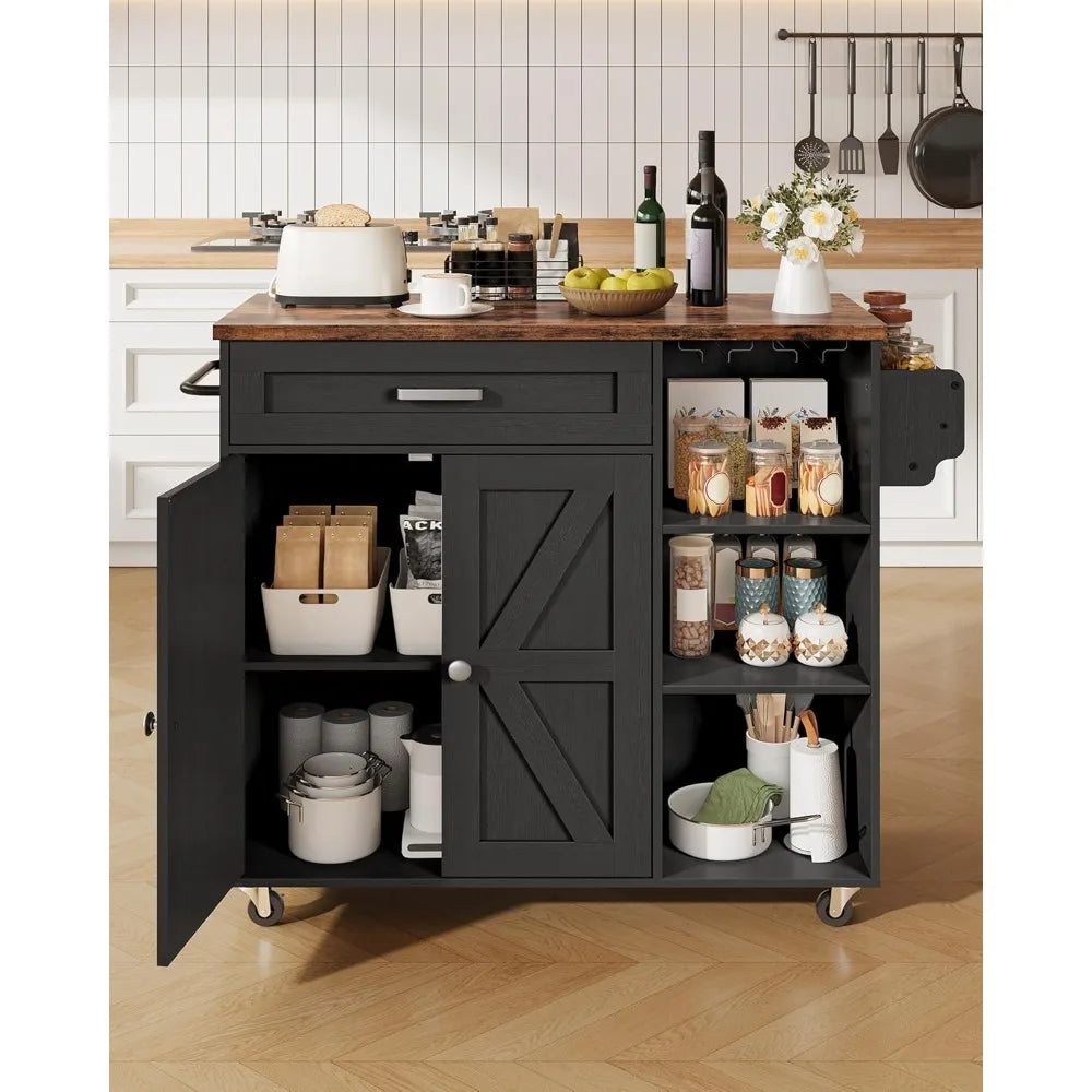 Kitchen Island Trolley Storage Cart with Power Outlet Spice Rack