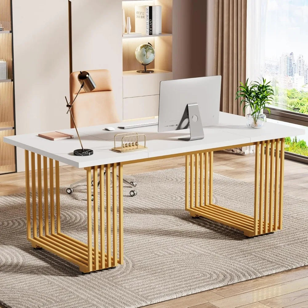 Ljustra 70.9" Modern Office Desk Wooden Computer Desk Gold Legs Workstation