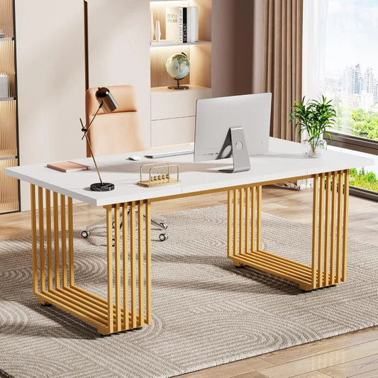 Ljustra 70.9" Modern Office Desk Wooden Computer Desk Gold Legs Workstation