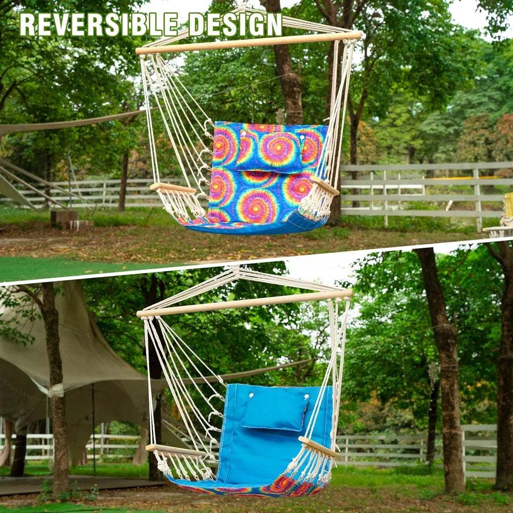 Hammock Chair with Pillow Wooden Arms Foldable Indoor Outdoor 275 lbs