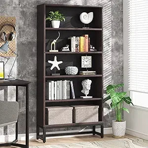 Tall Black Bookcase with LED Lights Heavy Duty Free-Standing Organizer