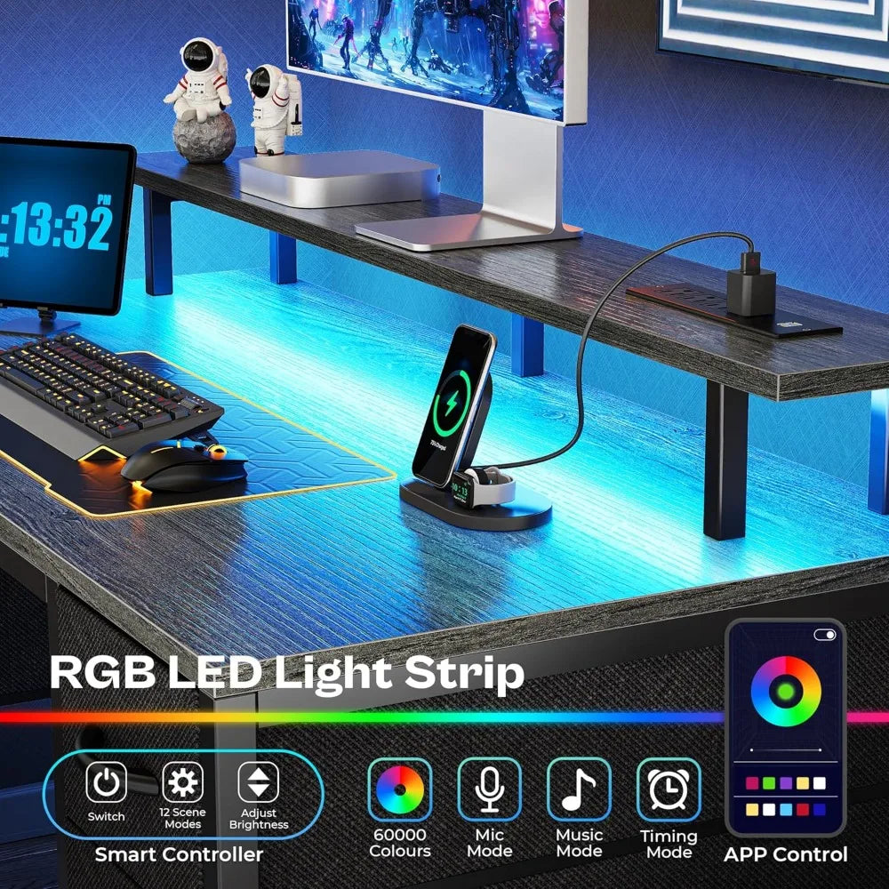 55 Inch Computer Desk with Drawers LED Lights Power Outlets Gaming Desk