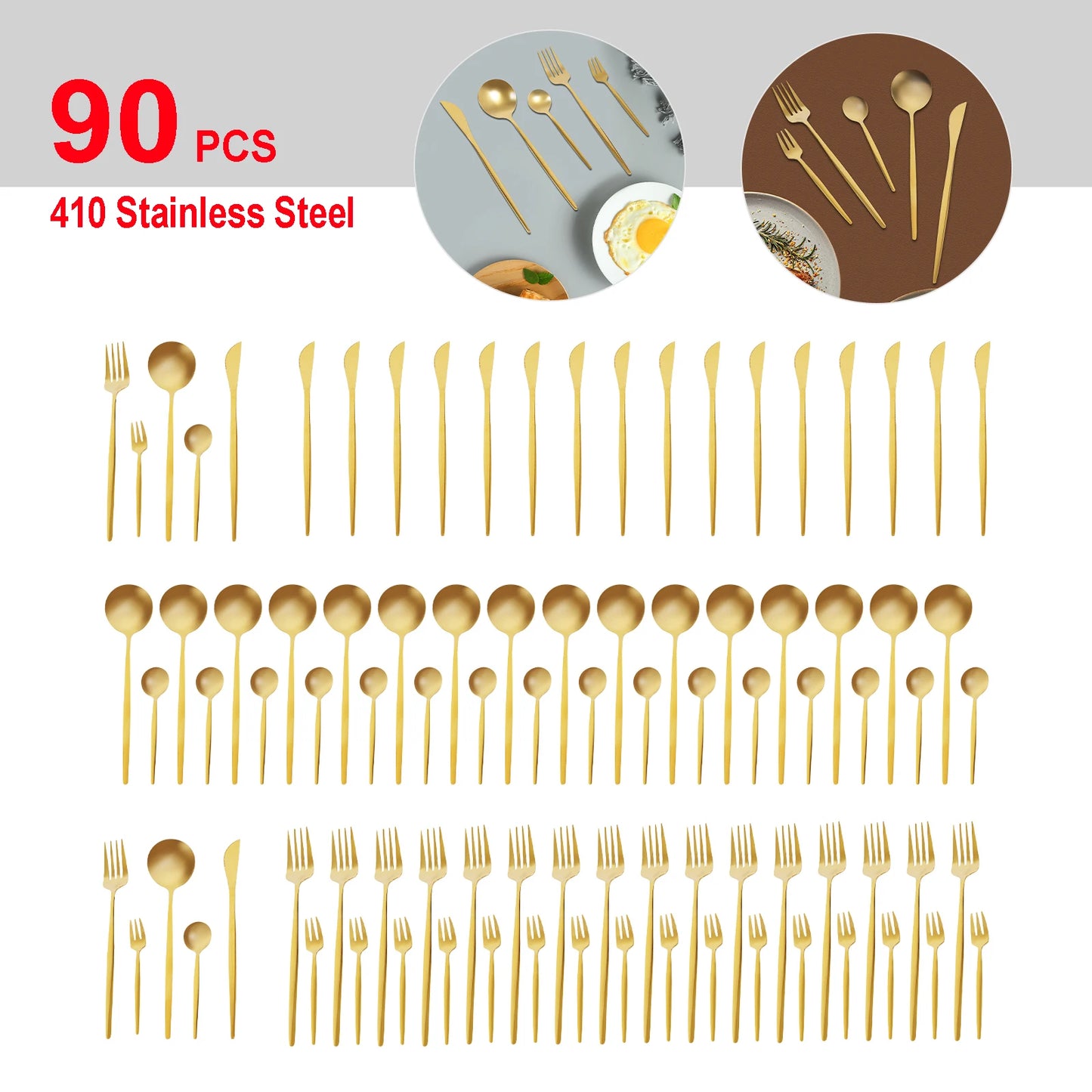 90Pcs Gold Stainless Steel Cutlery Set Heavy Duty Tableware Wedding Restaurant