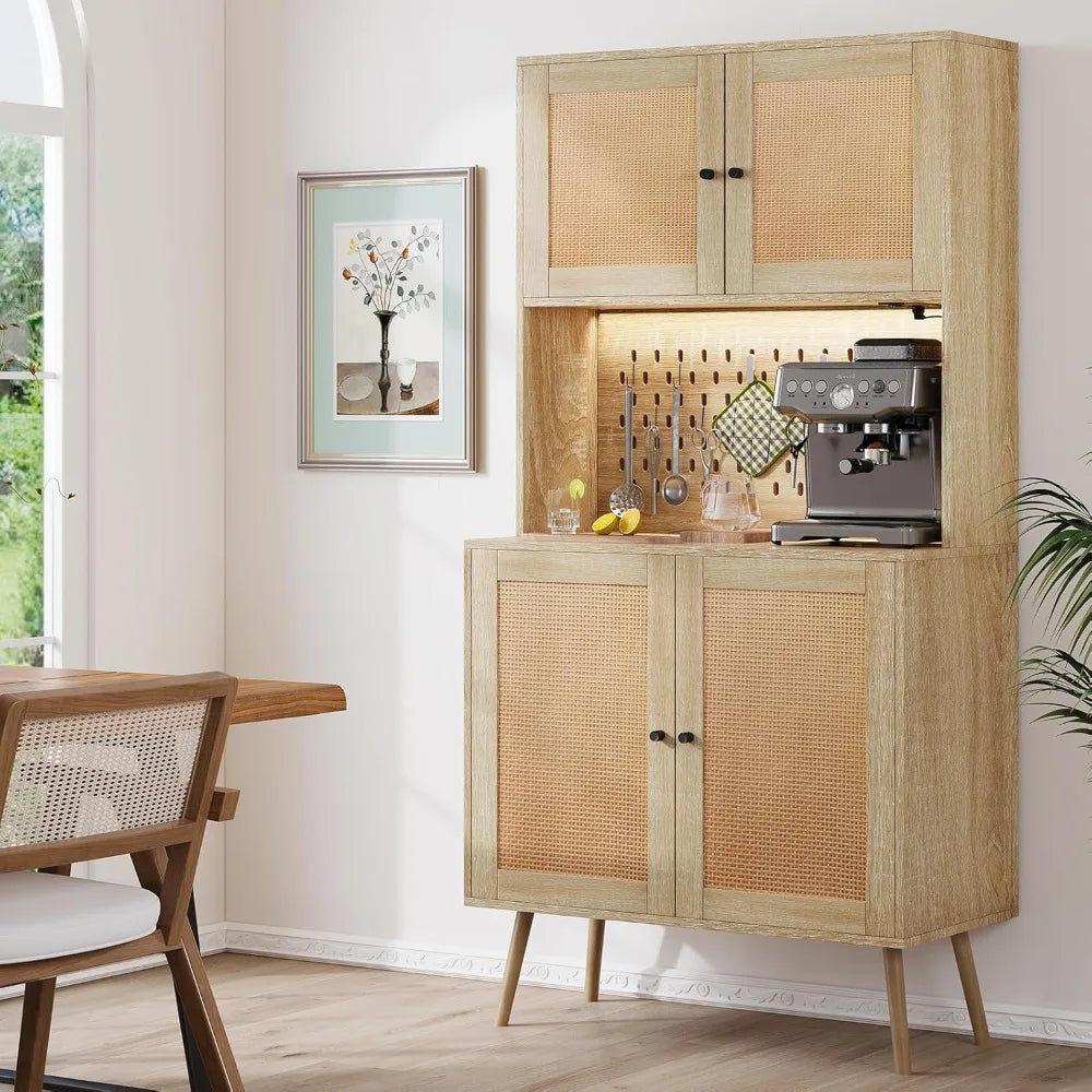 Rattan Kitchen Pantry Storage Cabinet with LED Lights and Power Outlets