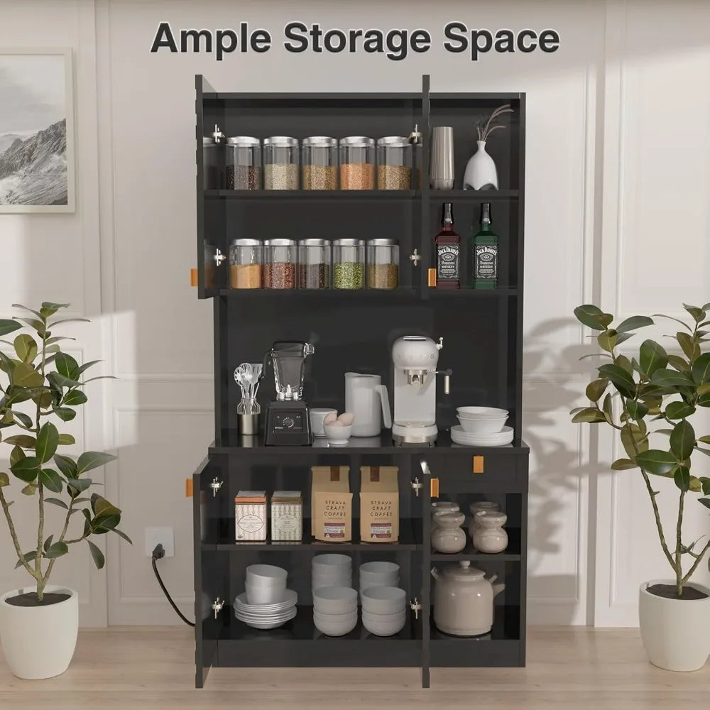 Kitchen Pantry Cabinet with Countertop Power Outlet Adjustable Shelves