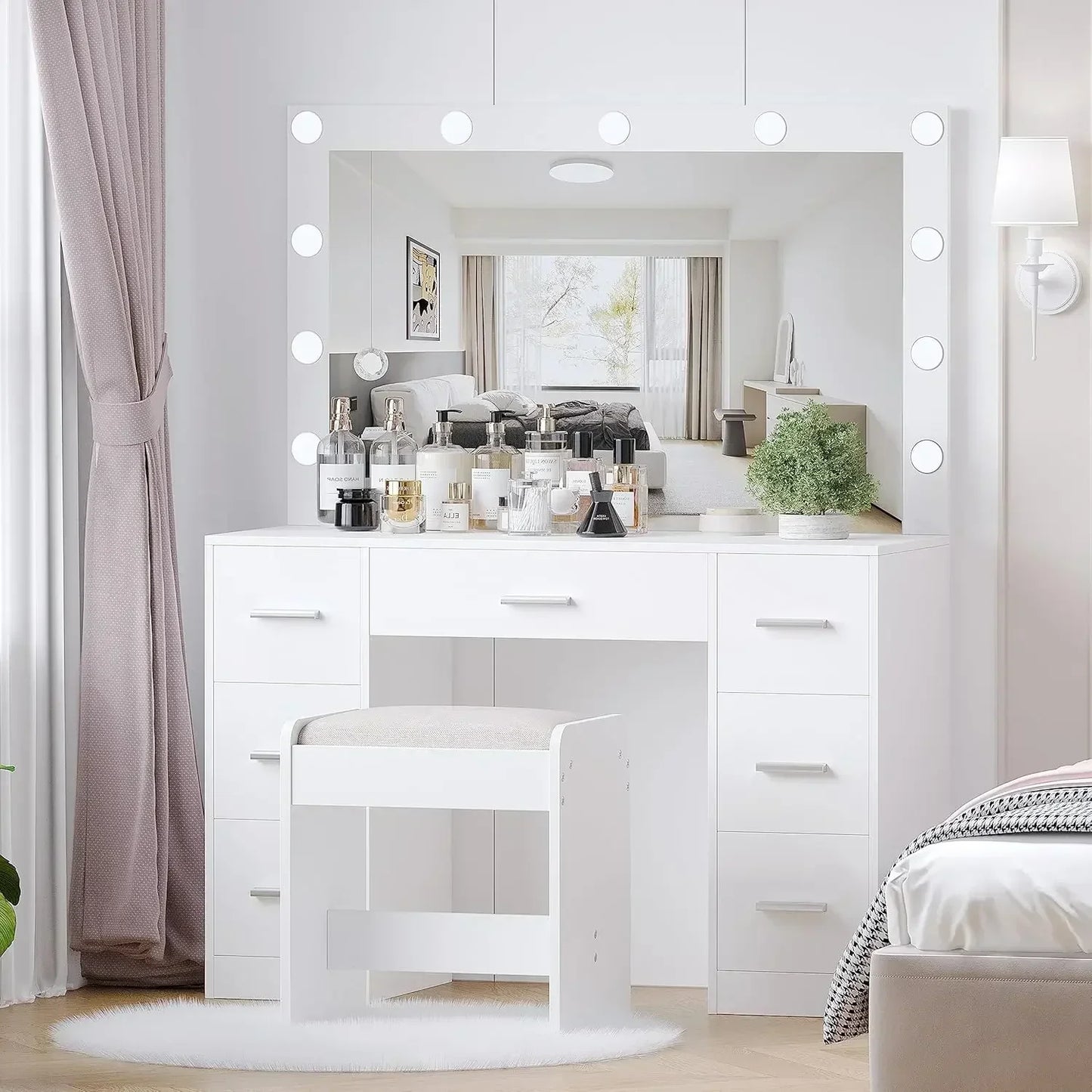 Ljustra Vanity Desk With Stool Lighted Mirror Adjustable Brightness