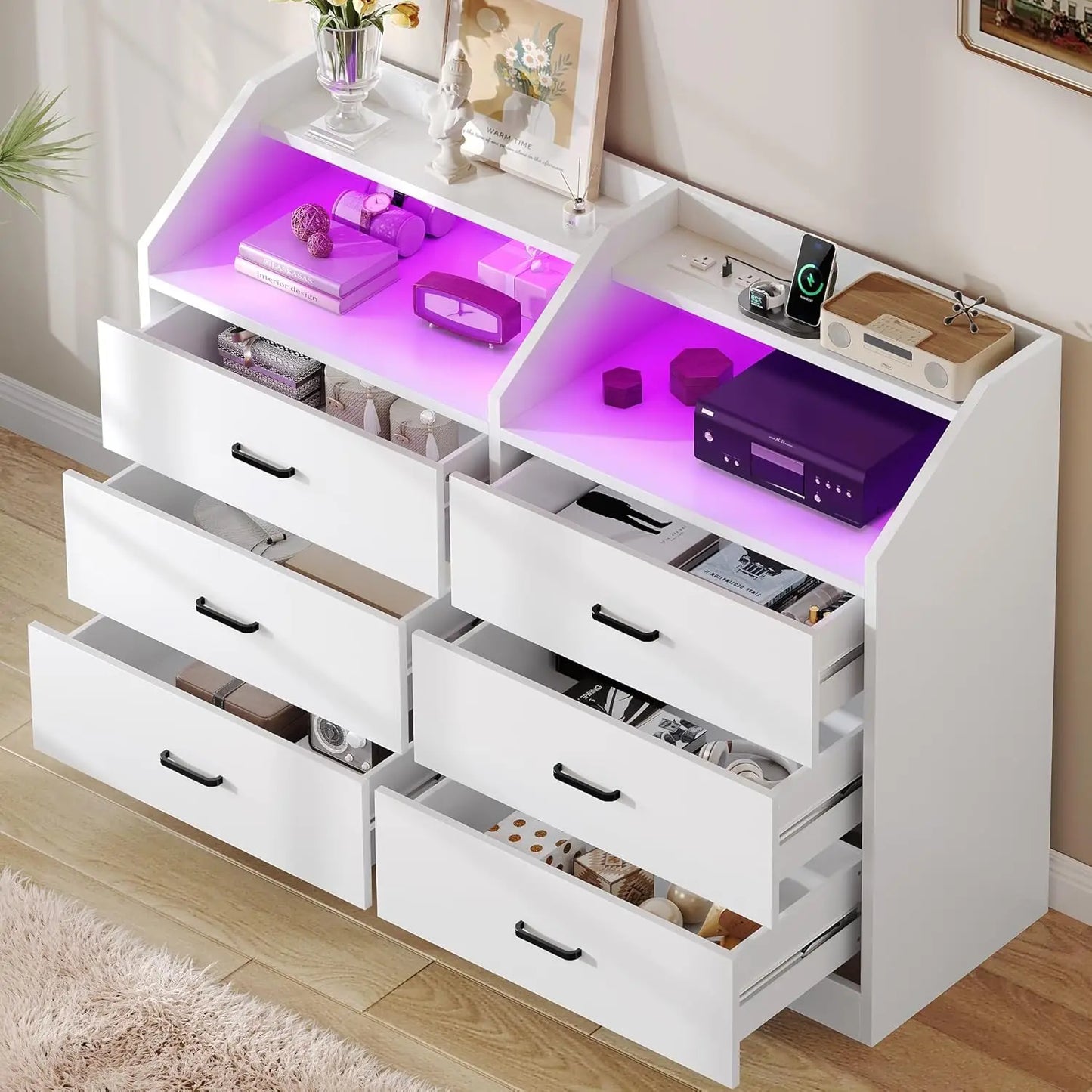 6 Drawer Dresser LED Light Charging Station Modern Storage Cabinet