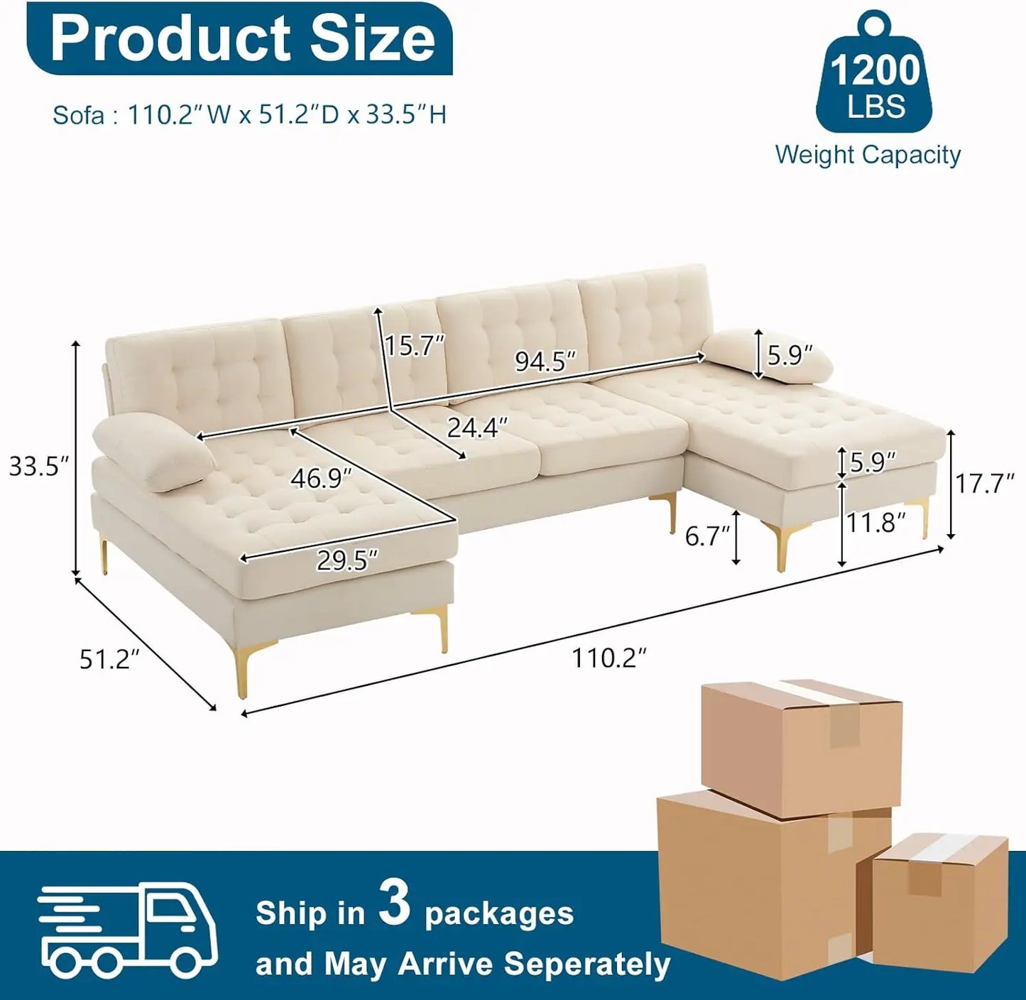 Modern U Shaped Sectional Sofa with Double Chaise, Tufted Button Couch
