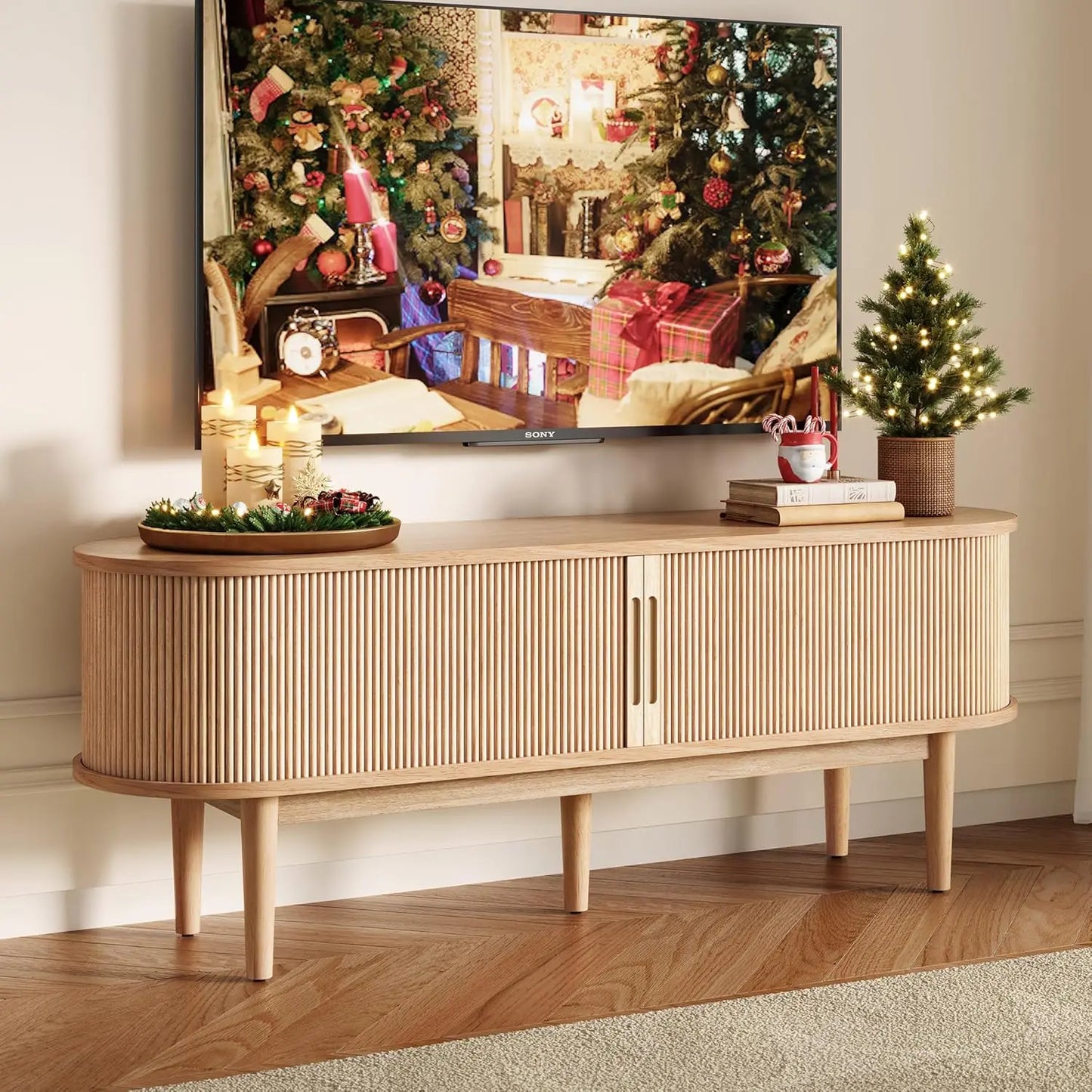 Fluted TV Stand for 75" TV Mid-Century Modern Entertainment Center