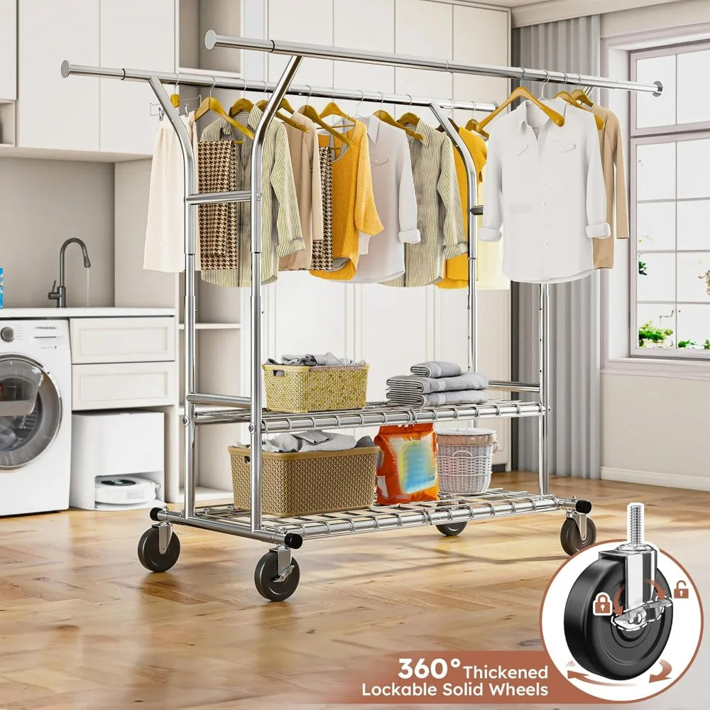 Heavy Duty Double Rod Clothing Rack with Wheels 630LBS Capacity