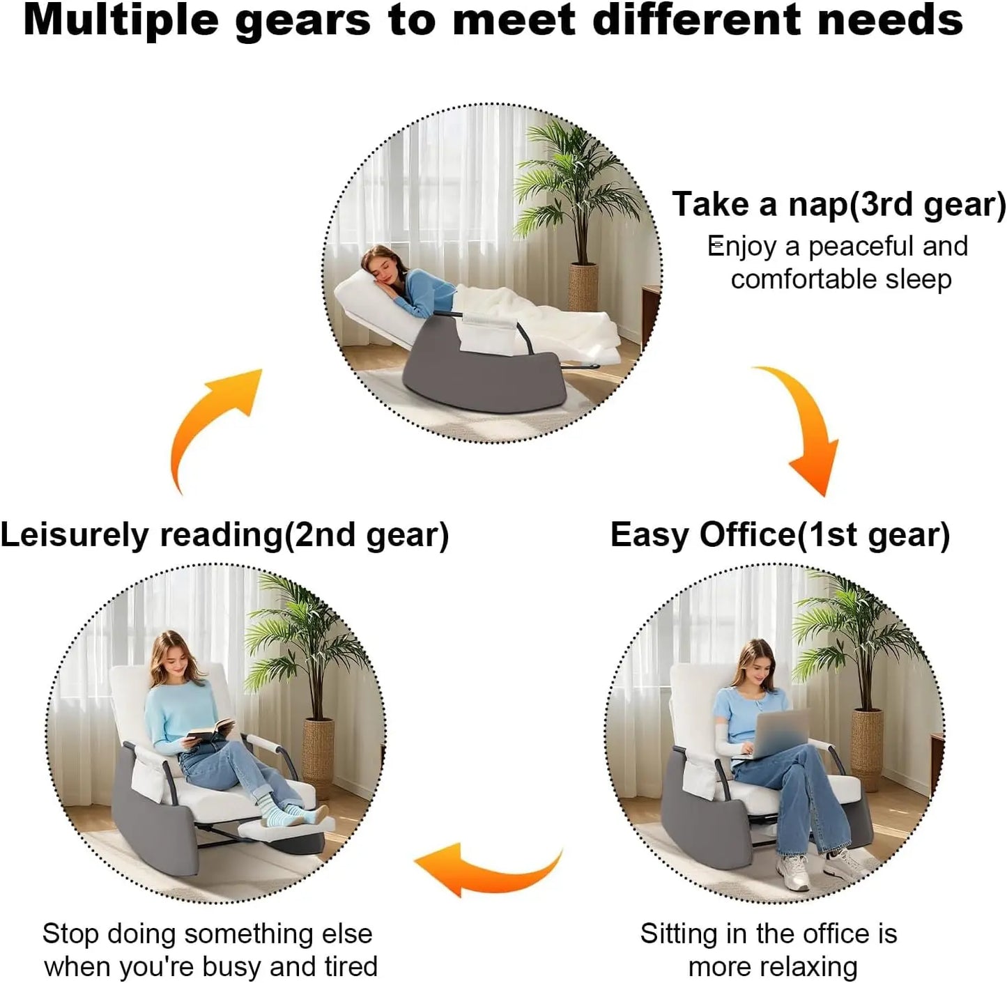 Ljustra Rocking Recliner Chair Modern Sofa Upholstered Glider 3 Levels