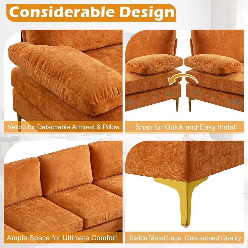 Ljustra Modern U-Shape Couch, 4-Seat Chenille Sectional Sofa, Burnt Orange, 110"