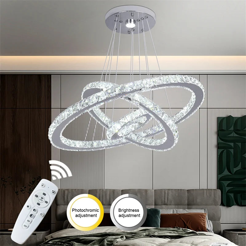 Modern Crystal Rings LED Chandelier Luxury Ceiling Lamp Remote Control