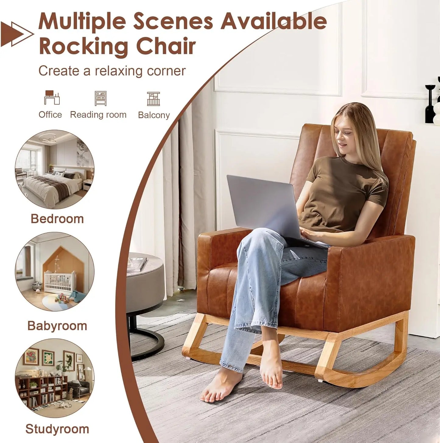 Rocking Chair Nursery Leather Upholstered Glider Modern Armchair USB Port