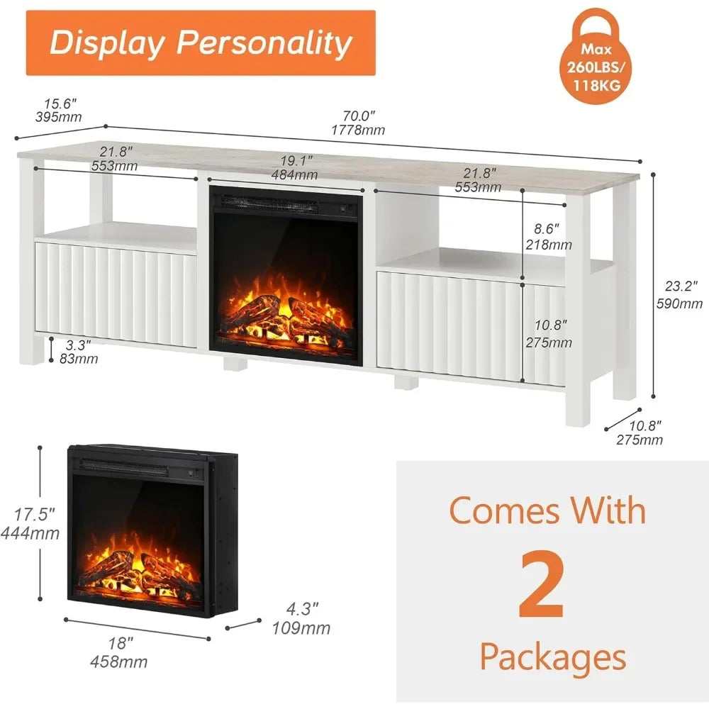 70 Inch Electric Fireplace TV Stand with LED Light Modern Entertainment Center