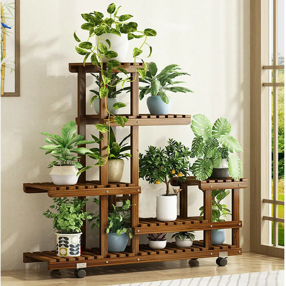 Ljustra Wooden Plant Stand with Wheels Multi-Tier Rolling Display Rack