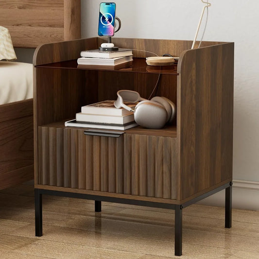 Mid Century Modern Nightstand with Charging Station and Glass Top