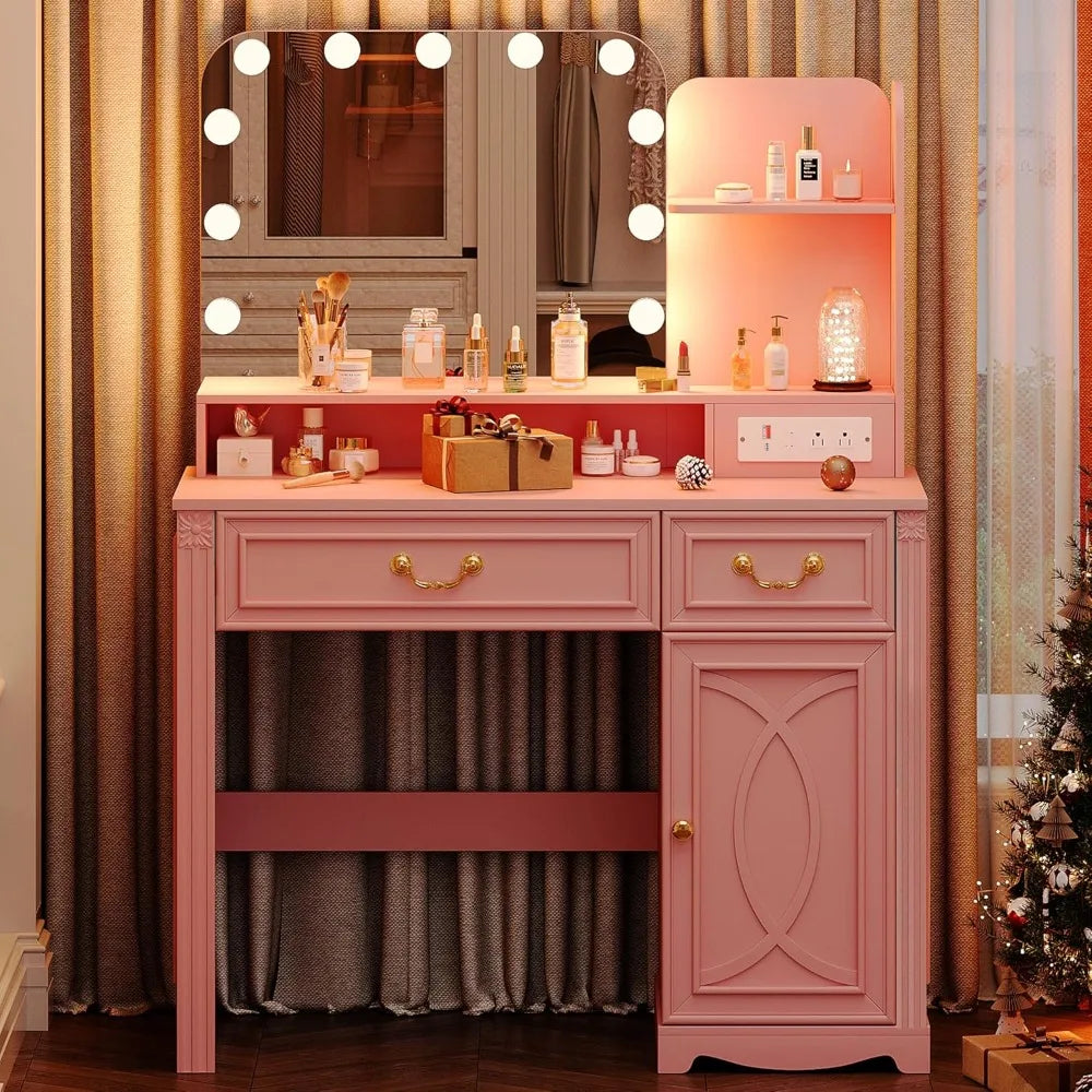 Makeup Vanity Desk with Lighted Mirror and Power Outlet for Bedroom