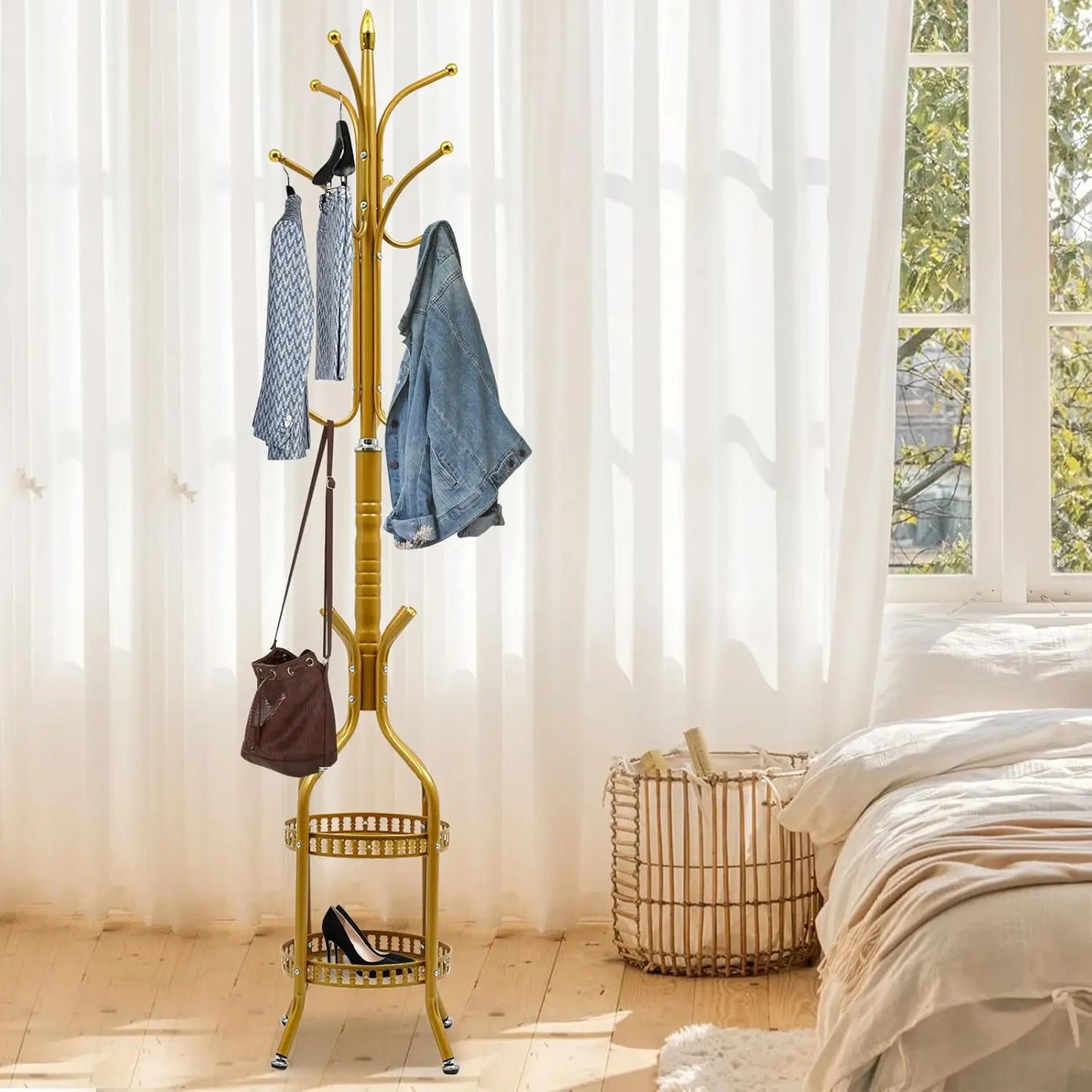 Pink Modern Metal Coat Rack Stand Freestanding Hat Hall Tree 12 Hooks