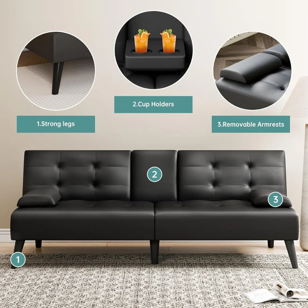 Ljustra Folding Futon Sofa Bed Adjustable Lounge Chair 3 Angles 2 Cup Holders