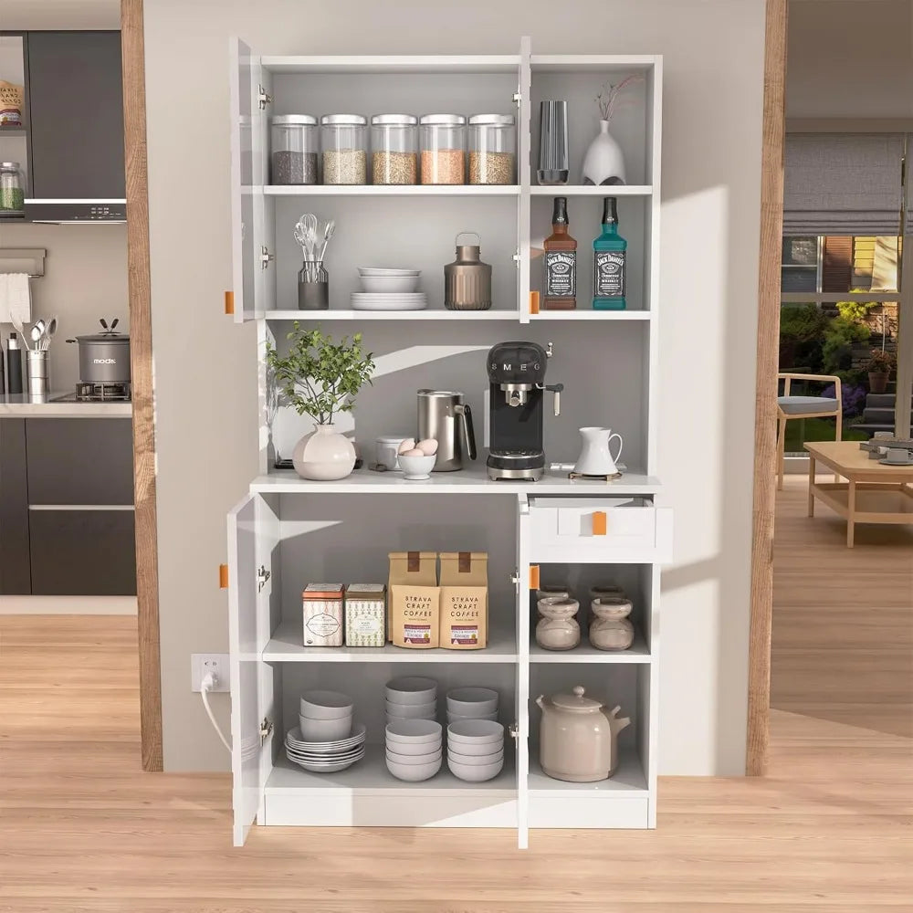 Kitchen Pantry Cabinet with Countertop Power Outlet Adjustable Shelves