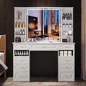 Black Vanity Desk with Lighted Mirror and 9 Storage Drawers for Makeup