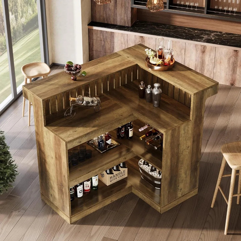 Ljustra L-Shaped Home Bar Unit Corner Liquor Table with Storage Shelves
