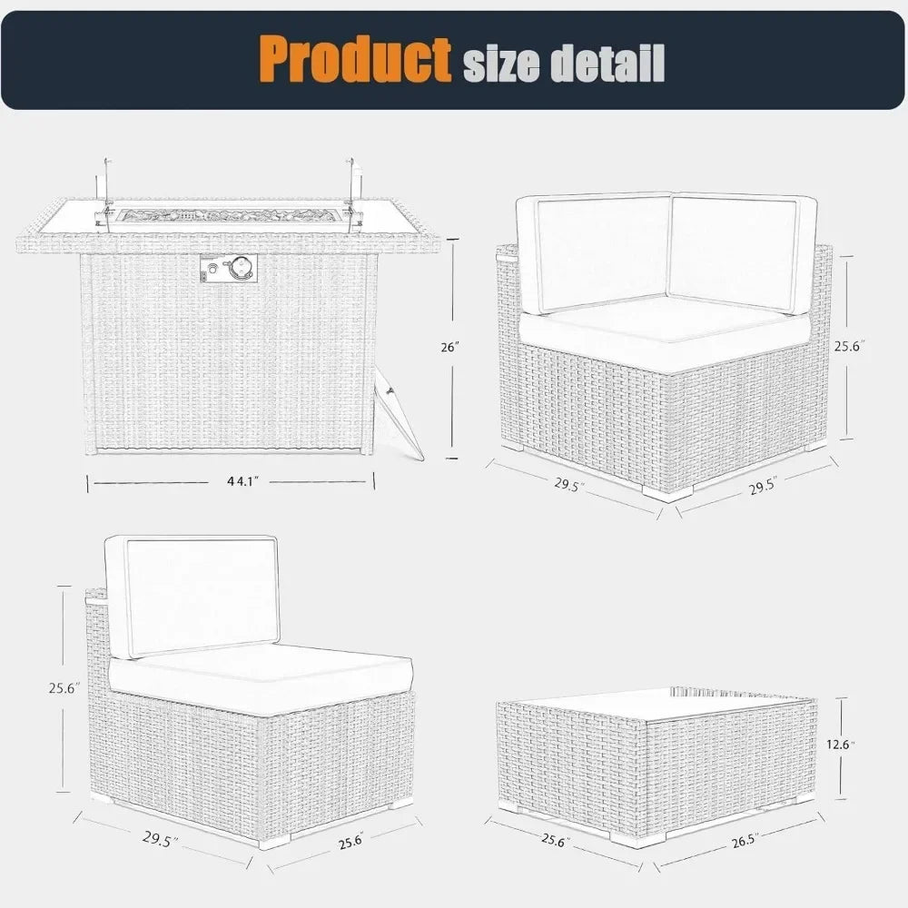 Patio Furniture Set with Fire Pit 8 Pieces Outdoor Wicker Sofa Set