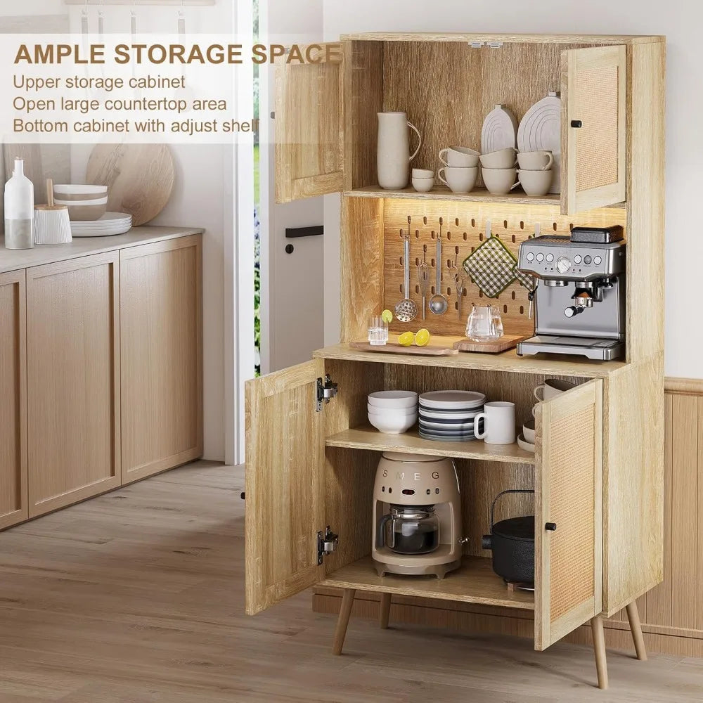 Rattan Kitchen Pantry Storage Cabinet with LED Lights and Power Outlets