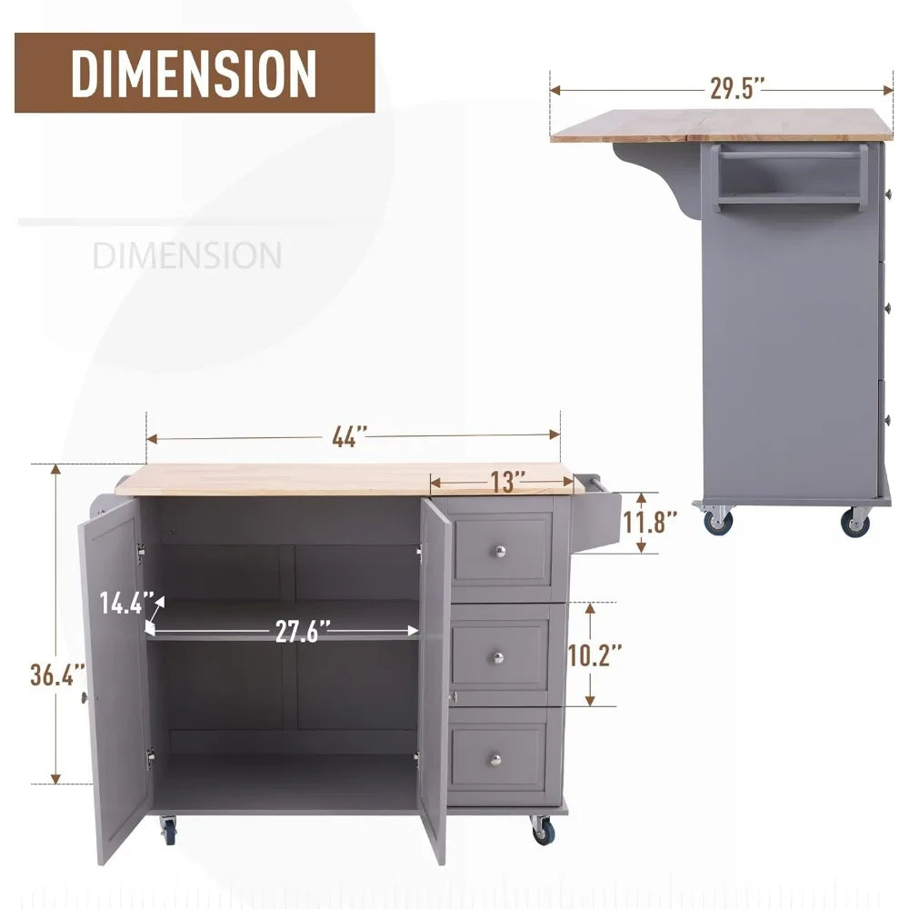 Rolling Kitchen Island on Wheels with Drop Leaf and Storage Drawers