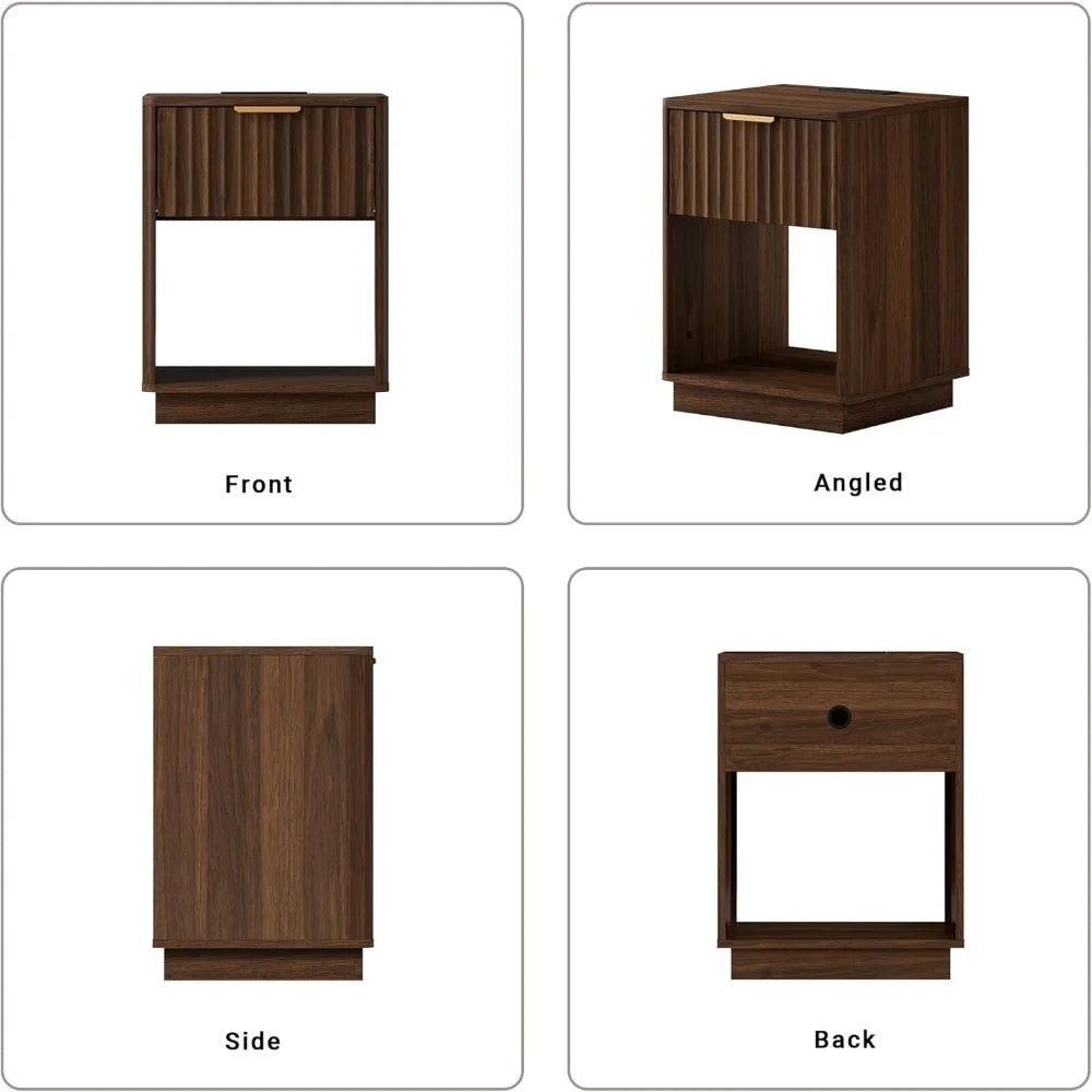 Walnut Fluted Nightstand Set of 2 Bedside Table with Charging Station