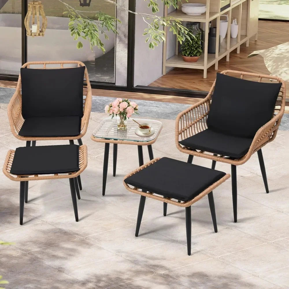 5 Piece Wicker Bistro Patio Furniture Set with Chairs Ottomans Table