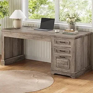 Farmhouse Executive Desk with Storage Drawers and Power Outlet