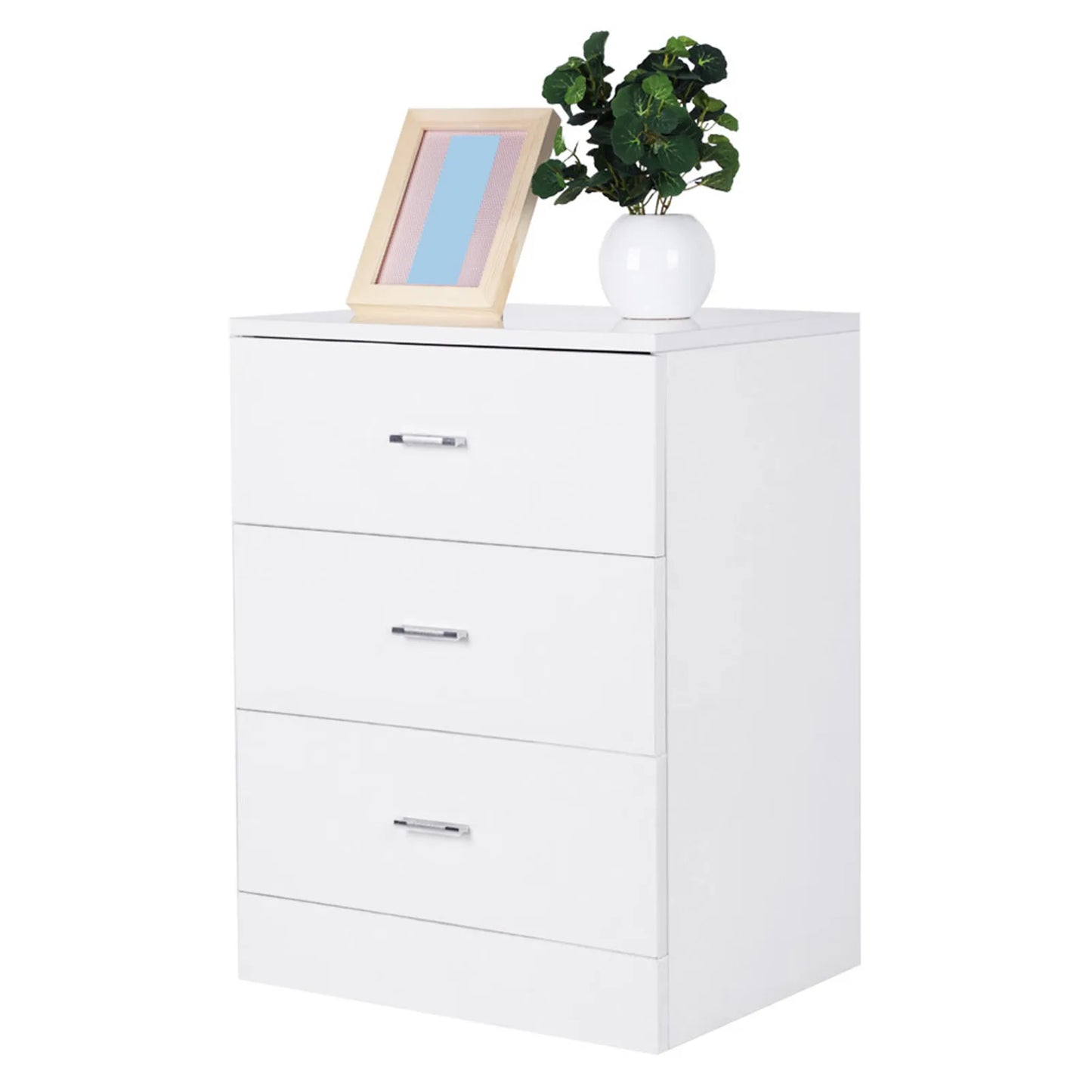 Modern 3-Drawer Nightstand Glossy White MDF Bedside Table Furniture