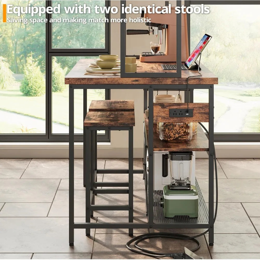 Stylish Kitchen Island Dining Table Set with Storage and Power Outlets