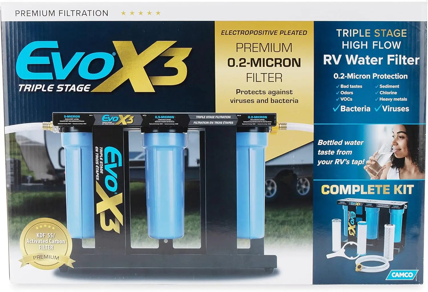 Camco Evo X3 RV Water Filter Kit Premium Triple Stage Inline Filtration