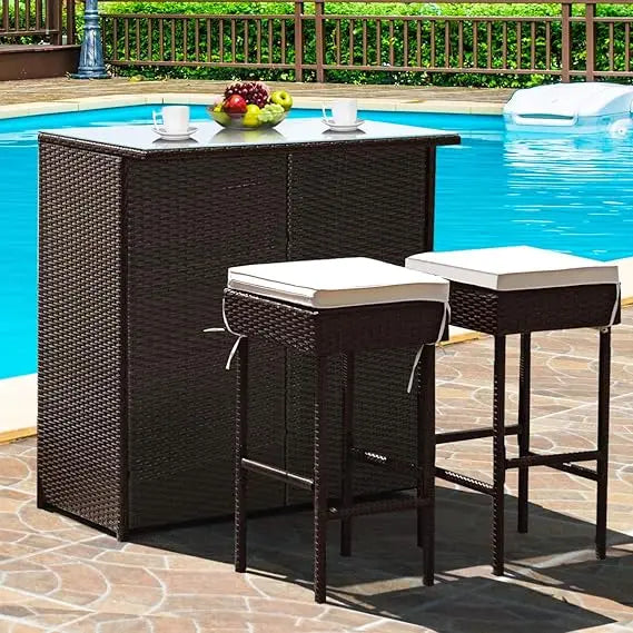 Ljustra 3 Piece Patio Bar Set Outdoor Rattan Table and Stools with Storage