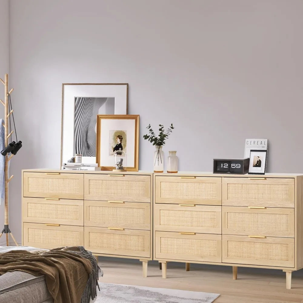 6 Drawer Rattan Dresser Modern Chest of Drawers Storage for Bedroom