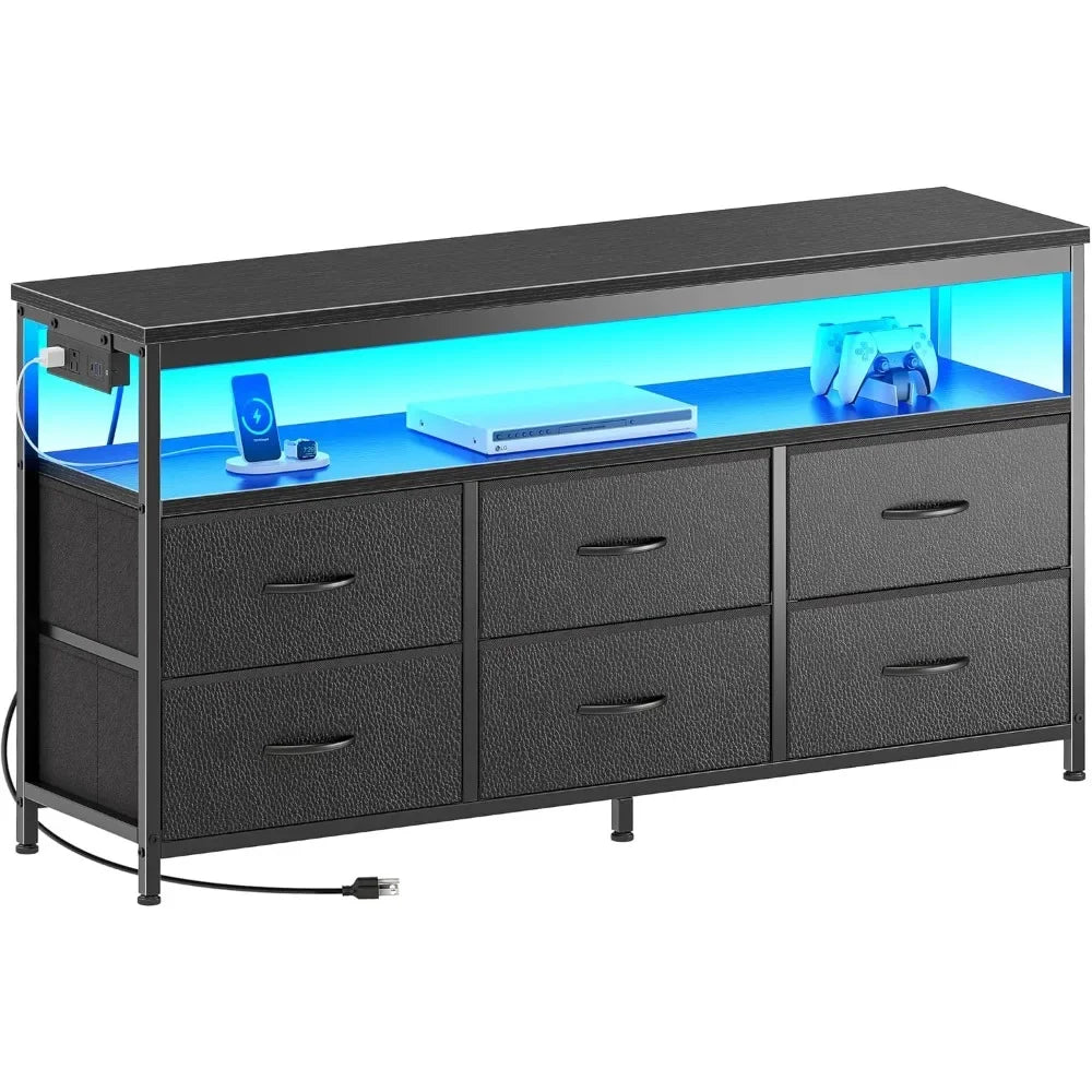 LED TV Stand 47 Inch Fabric Dresser with Power Outlets and 6 Drawers