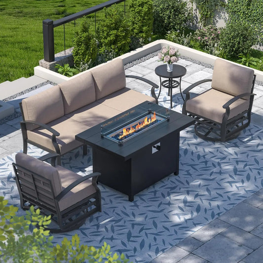 Ljustra Aluminum Patio Furniture Set Fire Pit Table Swivel Chairs Sofa