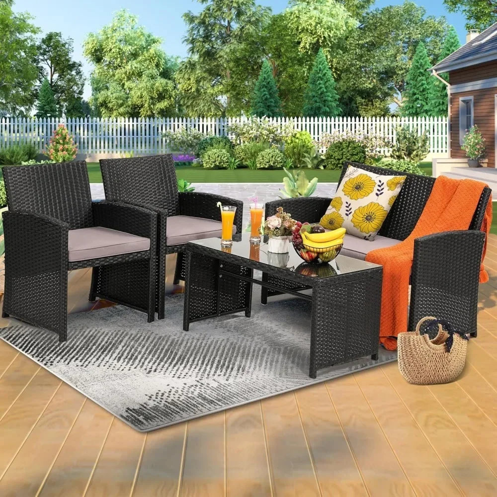 4 Piece Rattan Patio Furniture Set Outdoor Sectional Sofa Chairs Table